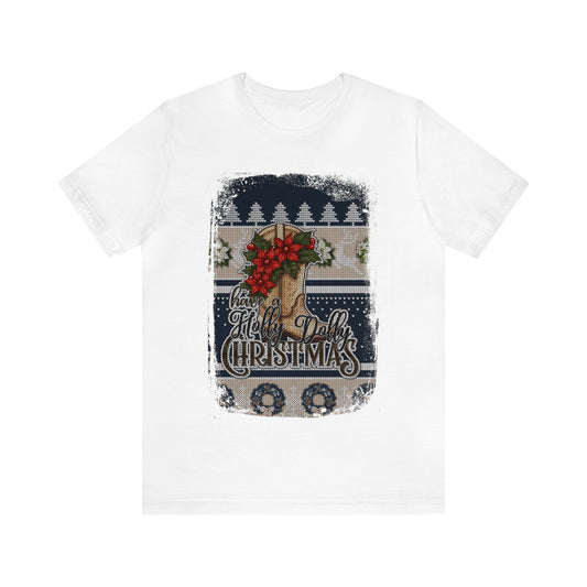 Ugly Christmas Sweater Shirt Have a Holly Dolly Christmas-Blue & Tan 13 x19 Center Print T-Shirt