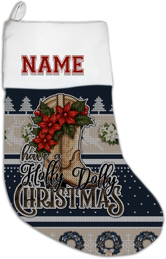 Have a Holly Dolly Christmas  Personalized Christmas Stocking Blue & Tan