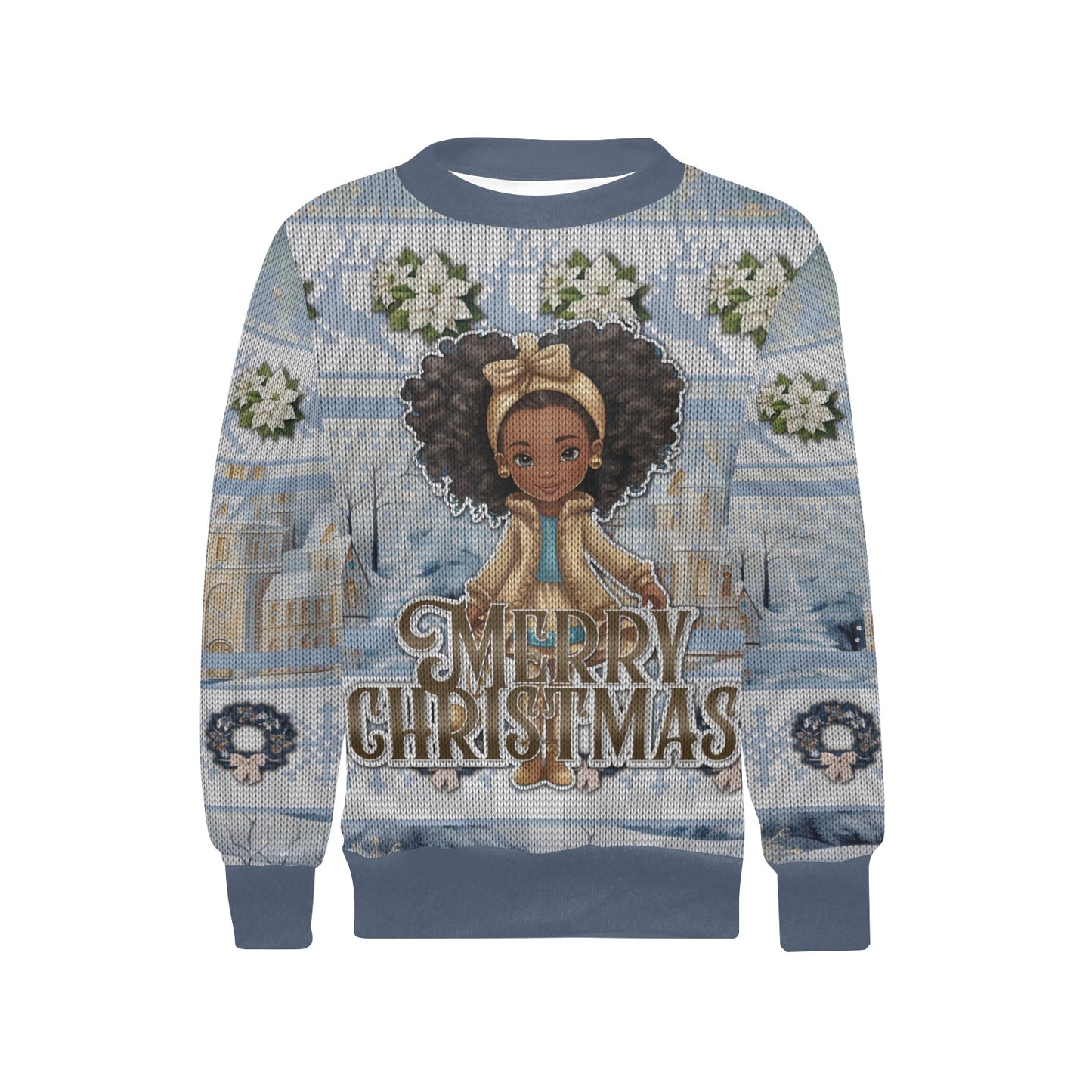 Merry Christmas Snow Princess Gold & Blue Ugly Christmas All Over Print Sweater