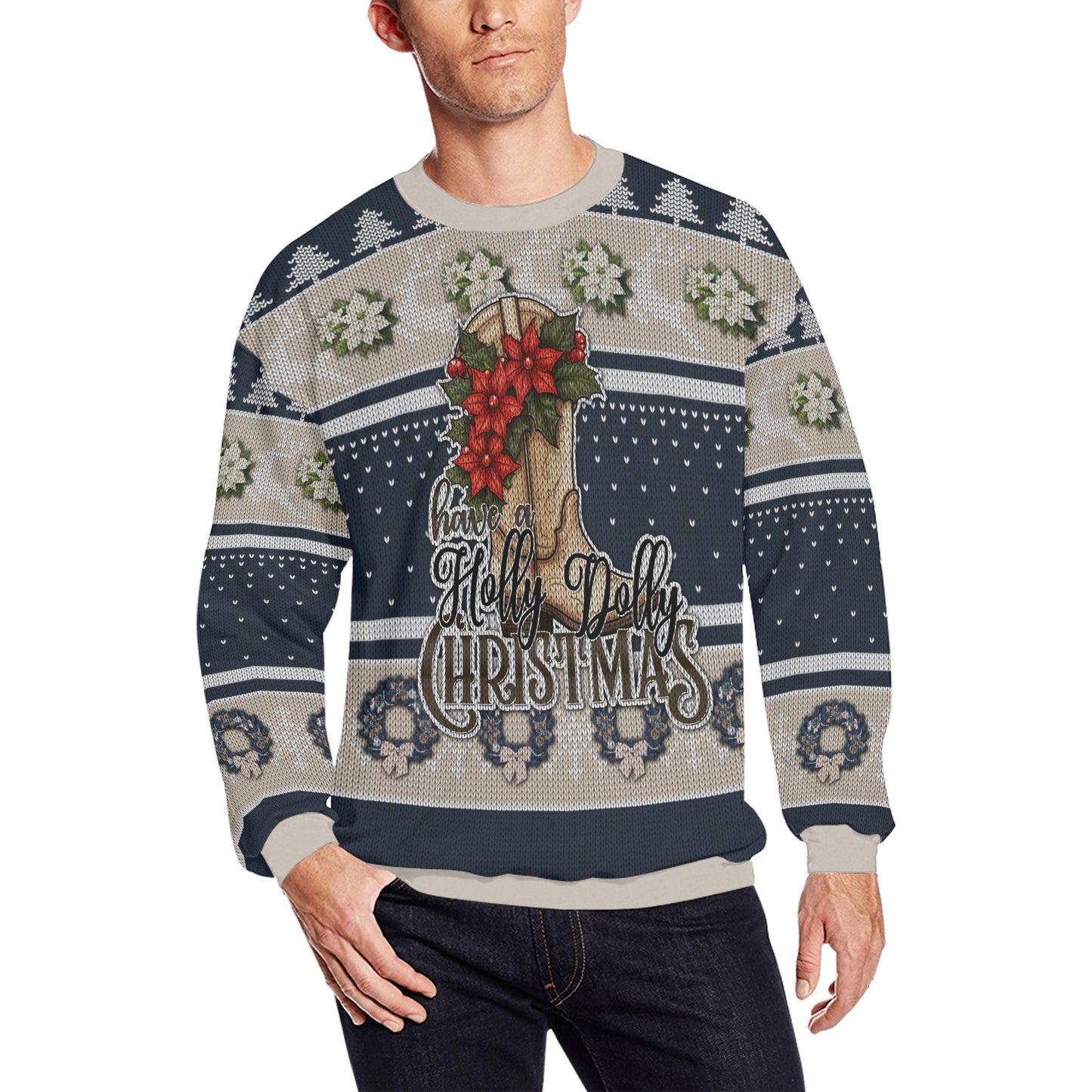 Have a Holly Dolly Christmas-Blue & Tan All Over Print Crewneck Sweatshirt Virtuous Delights Studio