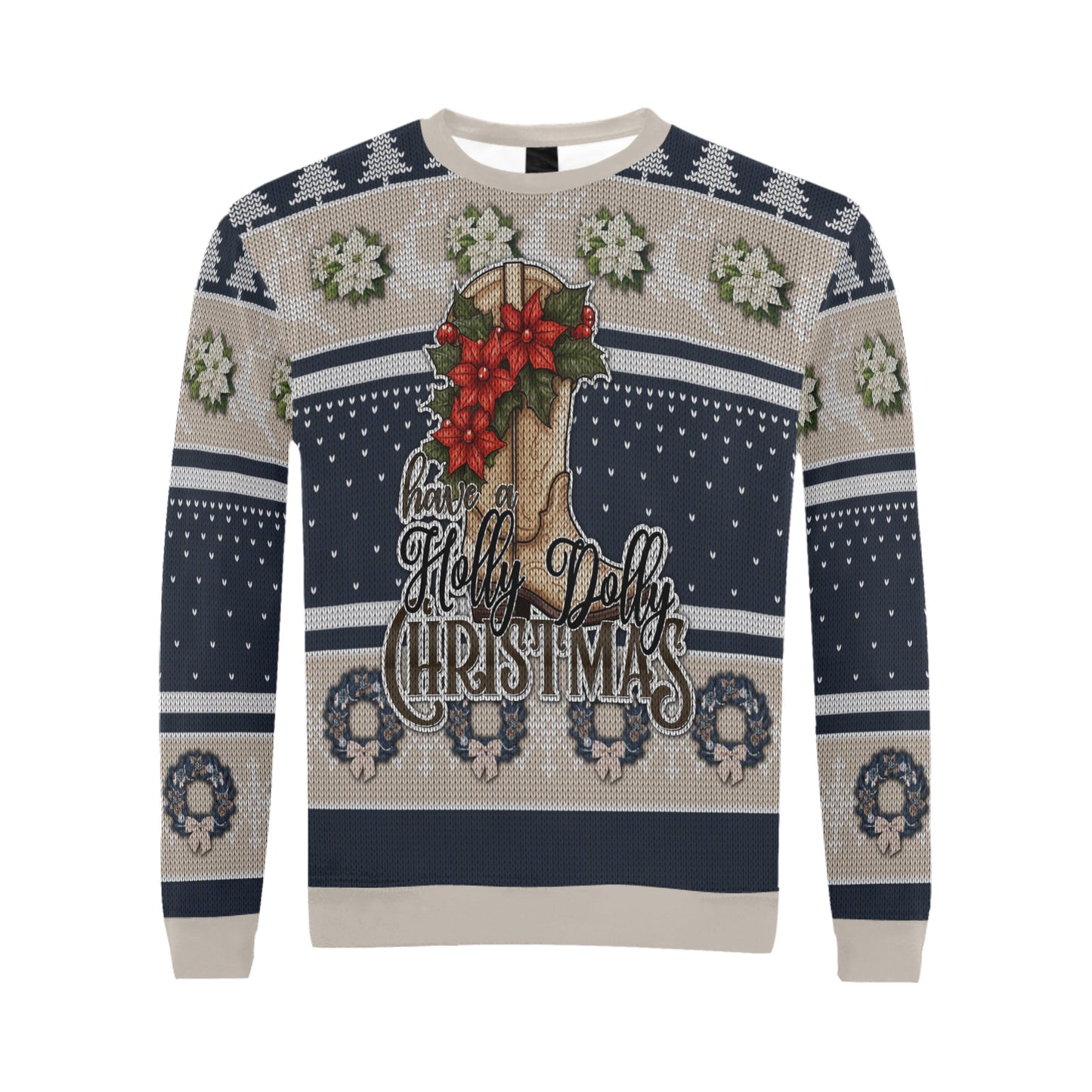 Have a Holly Dolly Christmas-Blue & Tan All Over Print Crewneck Sweatshirt