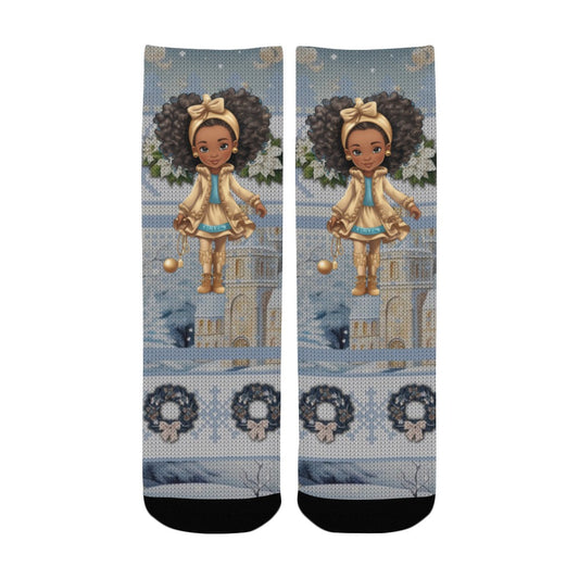 Merry Christmas Snow Princess Gold & Blue Ugly Christmas Sweater Socks